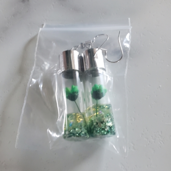 Green Wish Flowers Glass Bottle Dangle Earrings - Picture 6 of 12